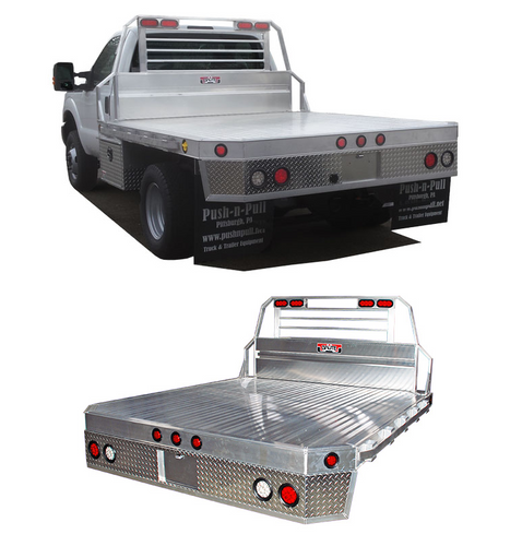 Chassis Cab or Bed Delete Aluminum Flatbed with mitered rear corners and fitted with an optional underbody box