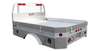 Left side view of Bed Delete or Chassis Cab Aluminum Flatbed with mitered rear corners, wheel fenders with flares, drop down/take off sides and included underbody boxes