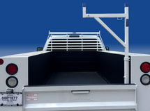 Removable Pickup or Service Body Ladder Rack shown in white powder coated steel - Headache rack NOT included, but can be purchased in our separate listing.