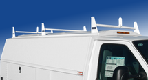Single Wheel KUV KUVcc Service Body 3-Bar Utility Ladder Racks are available in aluminum and have ladder stops on the front and rear racks.