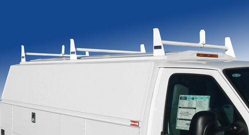 Single Wheel KUV KUVcc Service Body 3-Bar Utility Ladder Racks are available in aluminum and have ladder stops on the front and rear racks.