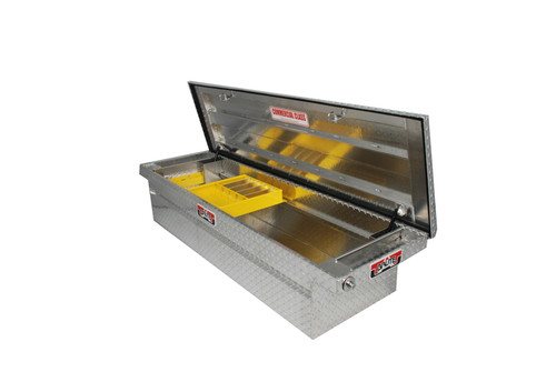Brute Commercial Class Low Profile Full Lid Crossover Tool Box  has a sliding took tray to organize small items and an integrated tool holder.