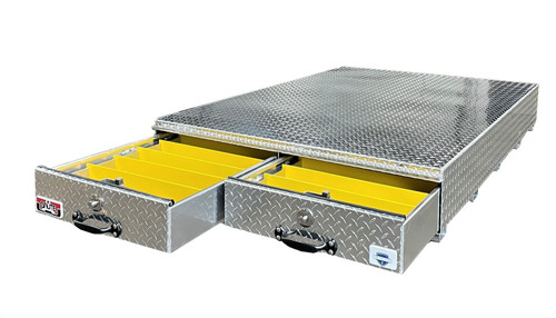 Brute BedSafe 48" Wide Double Drawer Long FULL BED Roller Drawer Tool Boxes are available in either 60" or 72" lengths.  It is available in brute aluminum or OPTIONAL black texture powder coat.