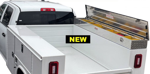 Brute Service Body Topsider Truck Tool Box sits on the side rail of your service body truck and is available in four different sizes in your choice of brite aluminum or textured black powder coat.
