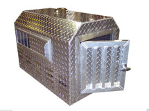 Diamond Plate Aluminum dog box features sliding side vents, insulated interior & top carry handle.