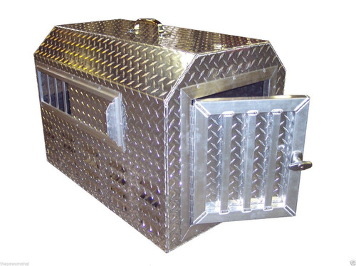 Diamond Plate Aluminum dog box features sliding side vents, insulated interior & top carry handle.