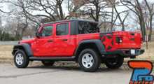 Side of red BOOTSTRAP Jeep Gladiator Side Star Vinyl Graphics Decal Stripe Kit for 2020-2023