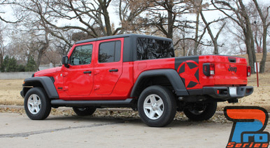 Side of red BOOTSTRAP Jeep Gladiator Side Star Vinyl Graphics Decal Stripe Kit for 2020-2024