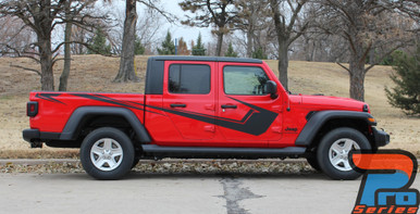 Side of red PARAMOUNT SOLID Jeep Gladiator Side Body Graphics Decal Stripe Kit for 2020-2024
