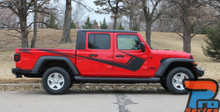 Side of red PARAMOUNT SOLID Jeep Gladiator Side Body Graphics Decal Stripe Kit for 2020-2026