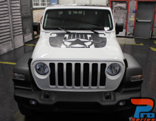 Front of white JOURNEY HOOD : 2020-2021 Jeep Gladiator Hood Star Digital and Decals Vinyl Graphics Stripe Kit