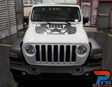 Front of white JOURNEY HOOD : 2020-2026 Jeep Gladiator Hood Star Digital and Decals Vinyl Graphics Stripe Kit