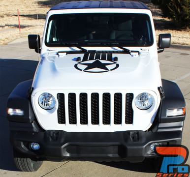 Front Hood of White Gladiator ALPHA STAR HOOD : 2020 Jeep Gladiator Hood Stripes Kit 2020-2024