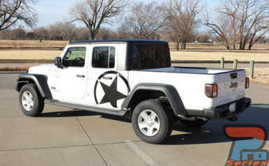 Side View of White Jeep Gladiator Featuring ALPHA STAR SIDE : 2020 Jeep Gladiator Side Stripes Kit 2020-2026