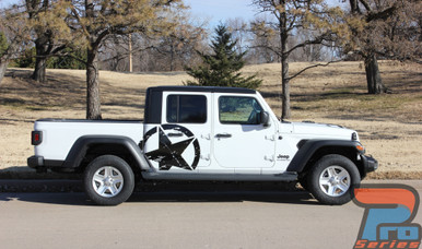 Side Door View of White Gladiator Featuring LEGEND SIDE KIT : 2020-2026 Jeep Gladiator Side Decals Package