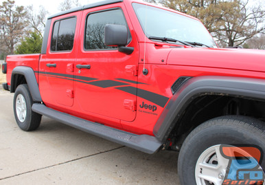 Side of Red Jeep Gladiator with MEZZO SIDE KIT : 2020 Jeep Gladiator Side Decals Kit 2020-2024