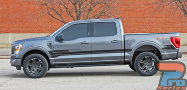 Side View of Gray 2021-2026 Ford F150 Truck Side Graphic Stripe Package SWAY XL SIDE KIT