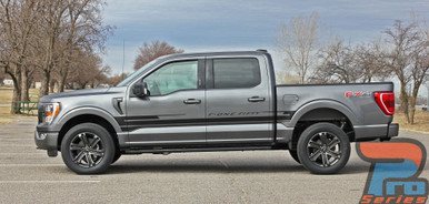 Side view of gray 2021-2026 Ford F150 Stripe Graphics Package SWAY SIDE KIT 2021-2026