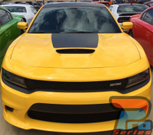 Front of yellow 2022 Dodge Charger Hood Stripe Hemi, SRT, 392, GT 2015-2020 2021 2022 2022