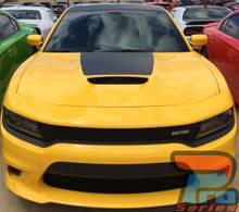 Front of yellow 2022 Dodge Charger Hood Stripe Hemi, SRT, 392, GT 2015-2020 2021 2022 2023