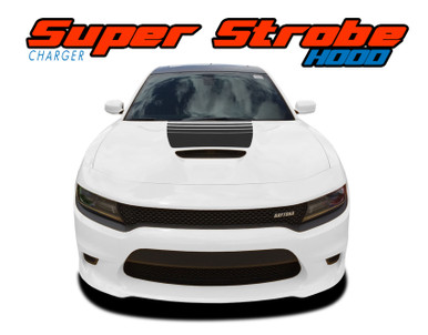 SUPER STROBE HOOD 15 : 2015-2023 Dodge Charger Hemi Daytona R/T SRT 392 Hellcat Mopar Blackout Style Center Hood Vinyl Graphics Decals Kit (VGP-8712)