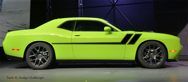 TRACK XL: Universal Versatile Side Body Vinyl Graphics Door Stripes Decals Shown on Dodge Challenger 