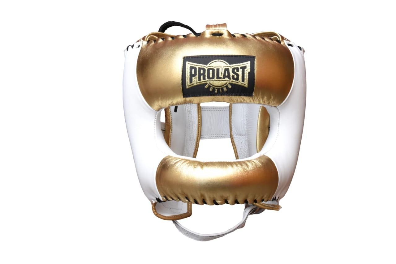 PROLAST Face Saver Leather Boxing Headgear with Nylon Face Bar Gold