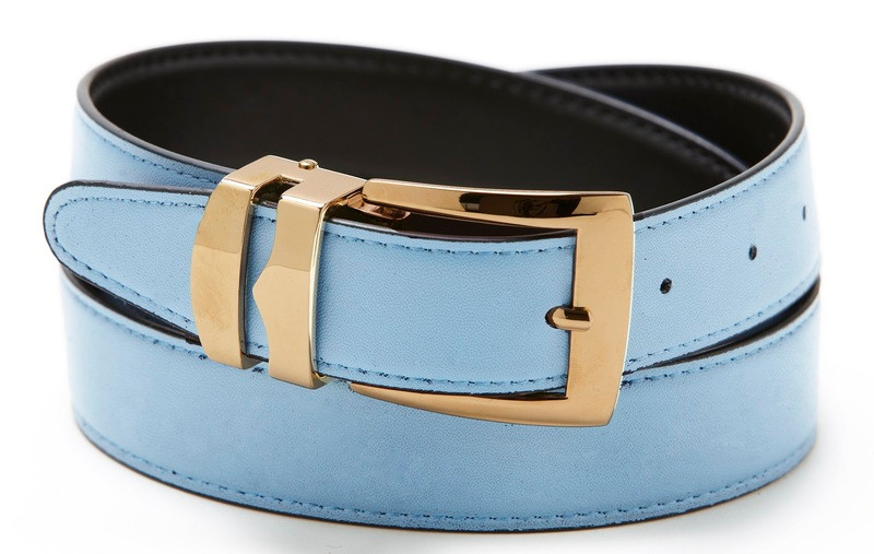 Men's Sky Blue Belt Reversible Belts GoldTone Buckle