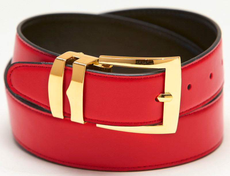 Men's Red Belt Reversible Wide Belts GoldTone Buckle