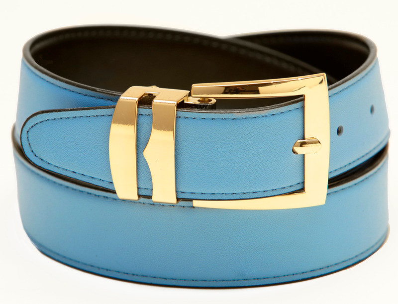 Men's Sky Blue Belt Reversible Wide Belts Gold Buckle