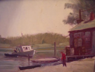 HARRY BARTON (1908-2001 NYC): "Inlet Boathouse" Oil Painting Framed  