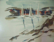 ALFRED BIRDSEY:“Bermuda Harbor 3 Boats" Watercolor Painting Custom Gold Framed 