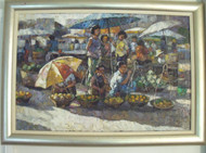 Saard (Sa-ard) Thanomwong Thai (1941-): "MarketPlace" Oil on Canvas 1988 Custom Frame