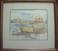 MYRA BAGISH (1901-1993 NJ): Watercolor "Fishing Boats"  Signed Custom Framed