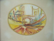 RITA L. FROST ABSTRACT CITYSCAPE CA 1970 MIXED MEDIA SIGNED, FRAMED, DEDICATED