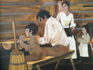  "Pioneer Family in Cabin" Illustration Painting Custom Framed CA 1970's Gouache