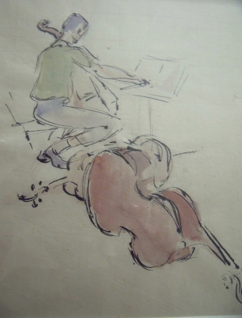 Grace Huntley Pugh: Listed Artist (1912- 2010) "The Celloist” Watercolor Illustration Ca 1970 Framed