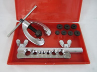 "For putting single and double flares on copper, brass and aluminum pipes. Chrome plated steel die bar and clamping screws. Heat treated steel compressor yoke. 7pc flaring dies 3/16""-5/8"" . Comes with storage case.


"
