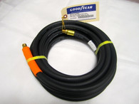 Sturdy Goodyear 25ft 3/8in. dia. EPDM rubber hose is ideal for use with pneumatic tools, stapler guns, lawn sprayers and air compressors. Features a weather-, oil- and heat-resistant outer coating to survive tough conditions. U.S.A. Features 1/4' npt fittings and is heat resistant from -40 degress to 190 degrees.
