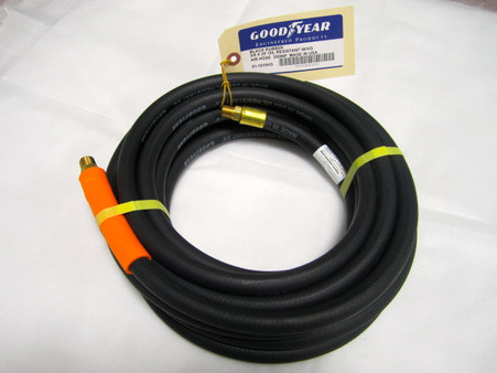 Sturdy Goodyear 25ft 3/8in. dia. EPDM rubber hose is ideal for use with pneumatic tools, stapler guns, lawn sprayers and air compressors. Features a weather-, oil- and heat-resistant outer coating to survive tough conditions. U.S.A. Features 1/4' npt fittings and is heat resistant from -40 degress to 190 degrees.
