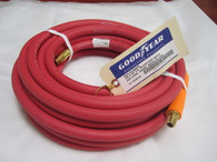 Sturdy Goodyear 50ft 3/8in. dia. EPDM rubber hose is ideal for use with pneumatic tools, stapler guns, lawn sprayers and air compressors. Features a weather-, oil- and heat-resistant outer coating to survive tough conditions. U.S.A. Features 1/4' npt fittings and is heat resistant from -40 degress to 190 degrees.
