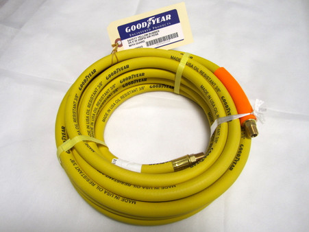 Sturdy Goodyear 25ft 3/8in. dia. EPDM rubber hose is ideal for use with pneumatic tools, stapler guns, lawn sprayers and air compressors. Features a weather-, oil- and heat-resistant outer coating to survive tough conditions. U.S.A. Features 1/4' npt fittings and is heat resistant from -40 degress to 190 degrees.
