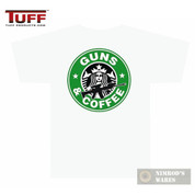 TUFF 3001 "GUNS AND COFFEE" T-Shirt WHITE SMALL Front/Back Small/Large Logos