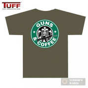 TUFF 3001 "GUNS AND COFFEE" T-Shirt OD Front/Back Small/Large Logos