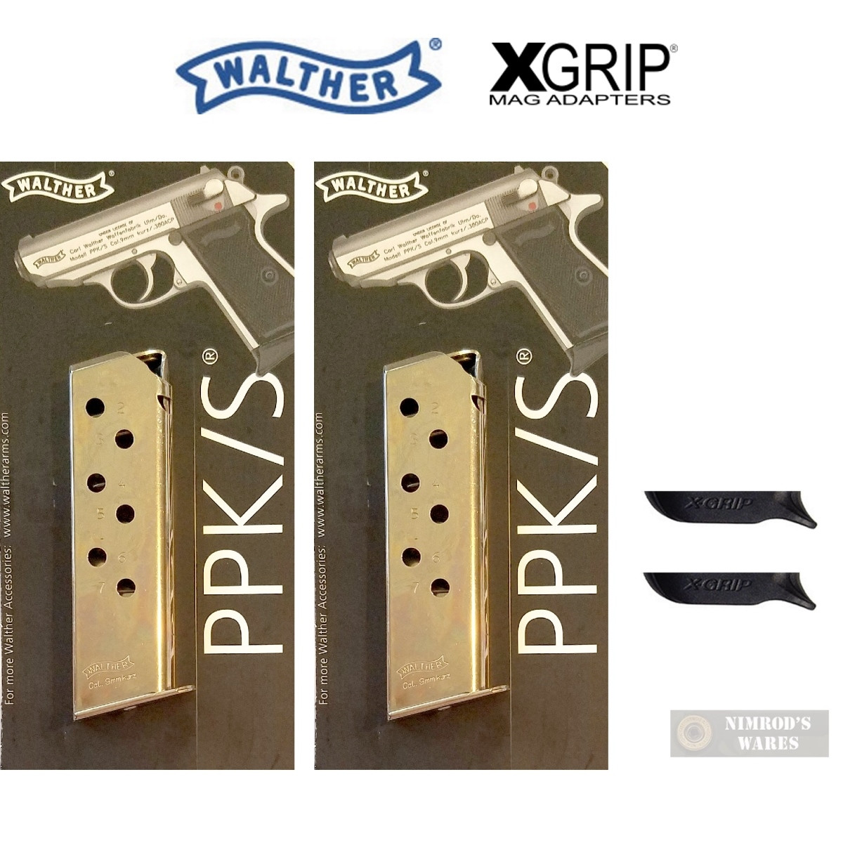 2 Pack Walther Ppk 380 Acp 7 Round Nickel Magazine X Grip Mag Spacer 2246011 Wppk Nimrod S Wares