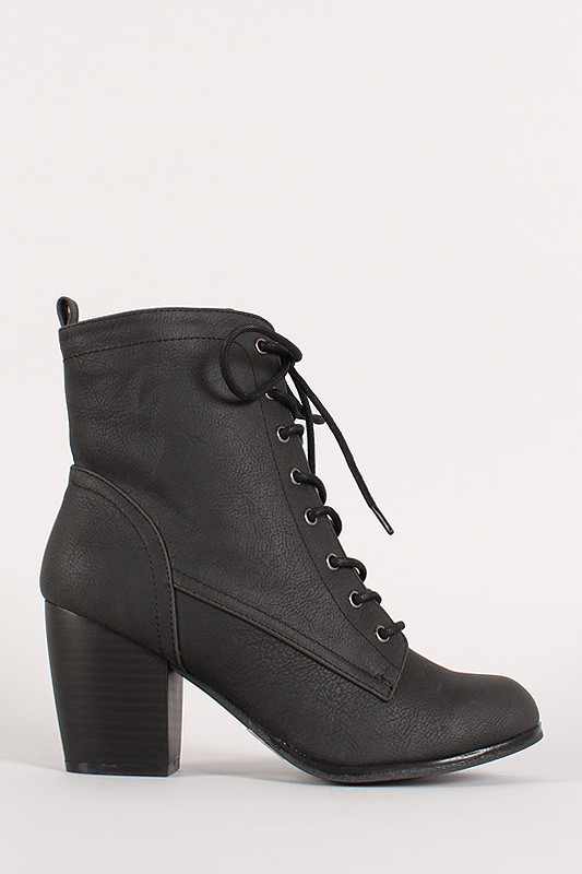 Lace Up Chunky Stacked Heel Bootie - FashionBoutique2036