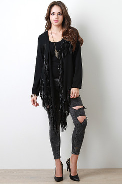 Faux Leather Fringe Cardigan
