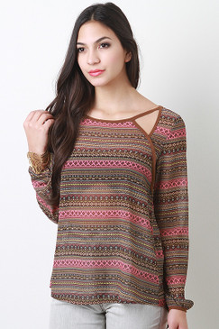 Shoulder Cutout Tribal Top