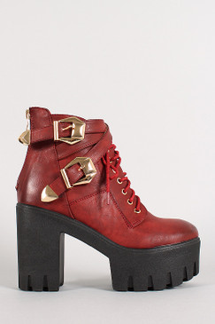 Two-Tone Buckle Lug Sole Platform Military Lace Up Bootie