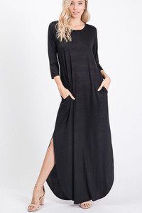 Solid Black Maxi Dress w/Side Slits